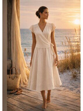 Calypso Christiane Celle Silk Wrap Dress S Ivory Cream Puff Sleeve Tie Waist